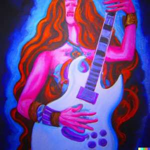 Generated by DALL-E AI Image Generator AI Generated image of a goddess playing electric guitar