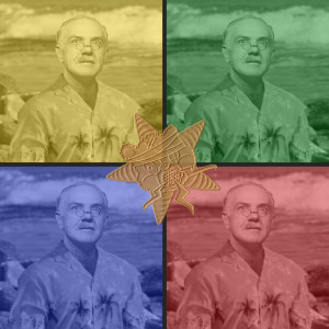 Four colorful repeated "photographs" of Howard Gently in a square with the Self Help Radio logo stamped in the middle